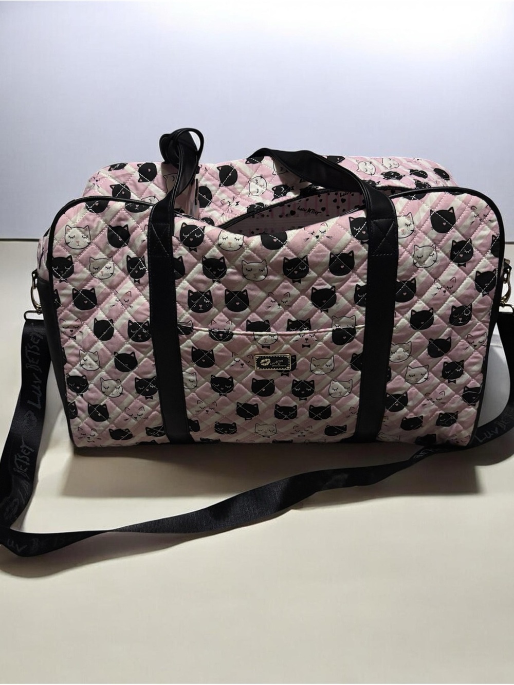 Betsey Johnson Pink Quilted Cat-Print Travel Duffel